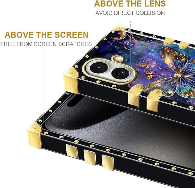 for iPhone 17 Case Luxury Golden Decoration for Girl Women Soft TPU Shockproof Protective Hard PC Back for iPhone 17 Crazy Pattern Glistening Golden Butterfly Vibrant Purple Blue