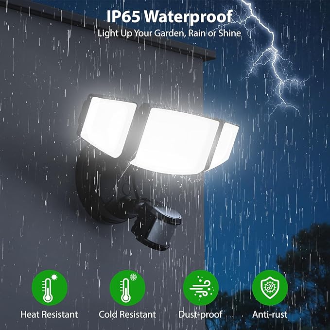 iMaihom 65W 6500LM LED Security Lights Motion Sensor Light Outdoor, 6500K Daylight, IP65 Waterproof, Dusk to Dawn, Hardwired 3-Head Motion Detected Flood Light for Garage, Yard, Porch (Black, 2 Pack)