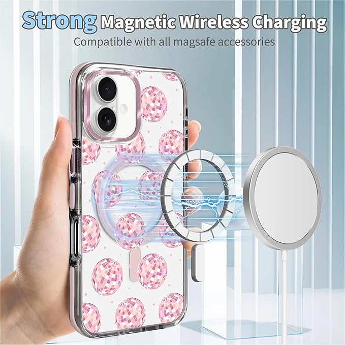 Case for iPhone 16 Plus,[Compatible with MagSafe],Disco Balls Pink Phone Case Design，for Women Girls Magnetic Clear Cover - Slim, Sleek, & Shockproof Protection