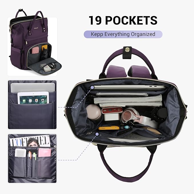 LOVEVOOK College Laptop Backpack, 15.6 Inch Travel Backpack for College, Waterproof Work Backpack Woman for Teacher Nurse Anti-theft Travel Back Pack, Gifts for Women,Dark Purple