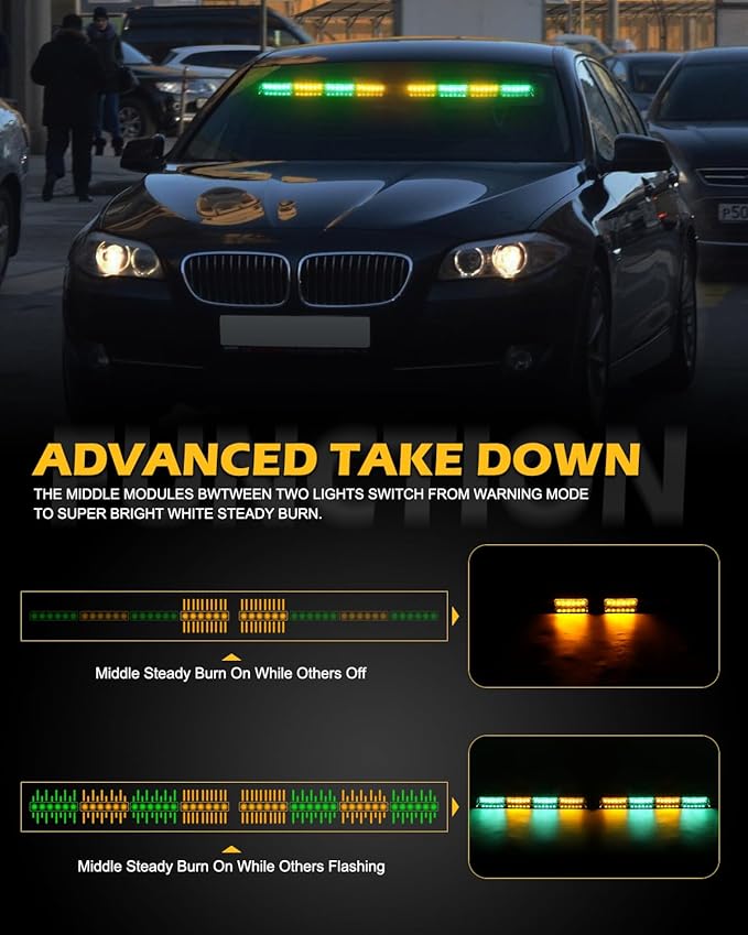 HLauto 604N Emergency Dash Strobe Lights: 2x16.8 inch Green Amber Security Light w/Take Down, 48 LED Safety Flashing Warning Hazard Interior Windshield Light Bar for Trucks Vehicles