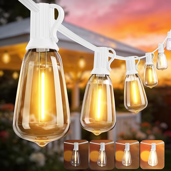 DAMAING Outdoor String Lights 50FT Waterproof,LED Patio Lights Dimmable with 27 Bright Shatterproof Retro Bulbs,Vintage Edison String Hanging Lights for Outside Bistro,Backyard,Balcony,White Cable