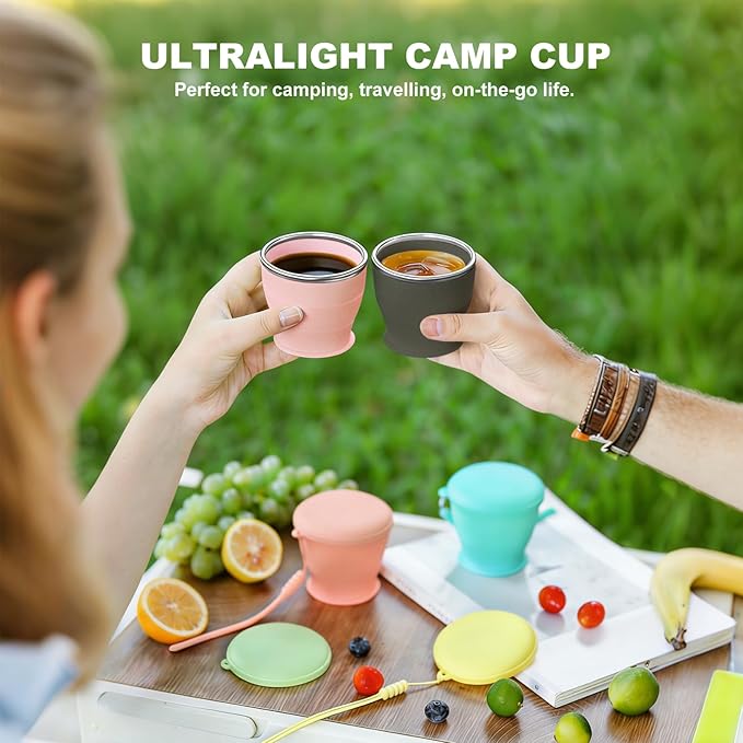 Collapsible Travel Cup, BPA-Free Reusable Water Cup, Lightweight Drinking Cups with Lids and Carrying Strap, Dishwasher Safe Silicone Cups for Camping, Travel, Airports, Hotel (6.7oz, Pink)