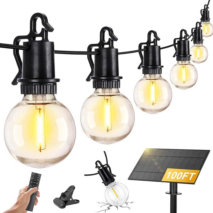 ZJOJO 100FT Solar Lights Outdoor Wateroproof, Solar String Lights with Remote USB Port 32 LED Shatterproof,Dimmable Outdoor Lights Long Last for Garden, Patio, Backyard, Yard, Camping Christmas Light