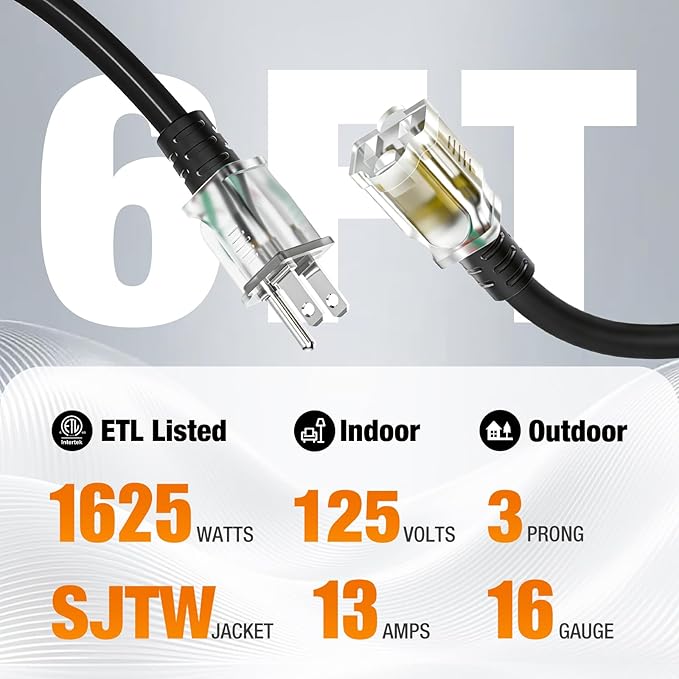 6 FT Outdoor Extension Cord Waterproof, 16/3 Gauge Heavy Duty 3 Prong Power Cord with Lighted Indicator End, 13A 125V 1625W SJTW, ETL Listed, Great for Lawn/Garden/Home(Black)
