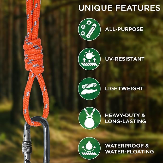 TECEUM Rope – 150 Feet x 1/4 Inch (7mm) – Orange Gray – Strong All-Purpose Utility Rope – Camping, Crafting, Flag Pole, Indoor & Outdoor – Polypropylene Nylon Poly Lightweight Diamond Braided Cord
