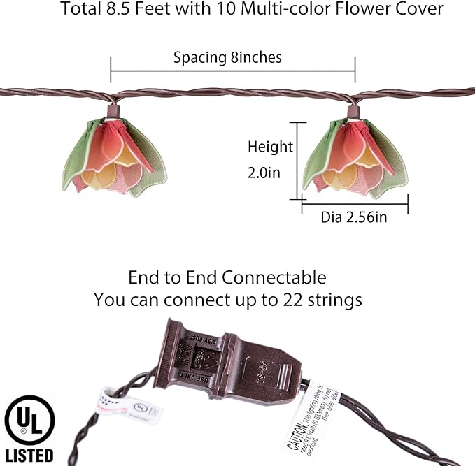 TWINKVILLA Decorative String Lights Plug in with 10 Bulbs, Flower Garland Fairy Lights Connectable Weatherproof Outdoor Indoor for Wedding Garden Pergola Bedroom Porch Floral Home Decor (Multicolor)