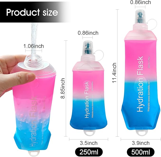 WILDREEDS 500ml Soft Flask, TPU Collapsible Soft Water Bottle for Hydration Pack, Running Vest, Folding Water Bottle for Hiking Cycling Climbing-1Pcs, Pink to Blue