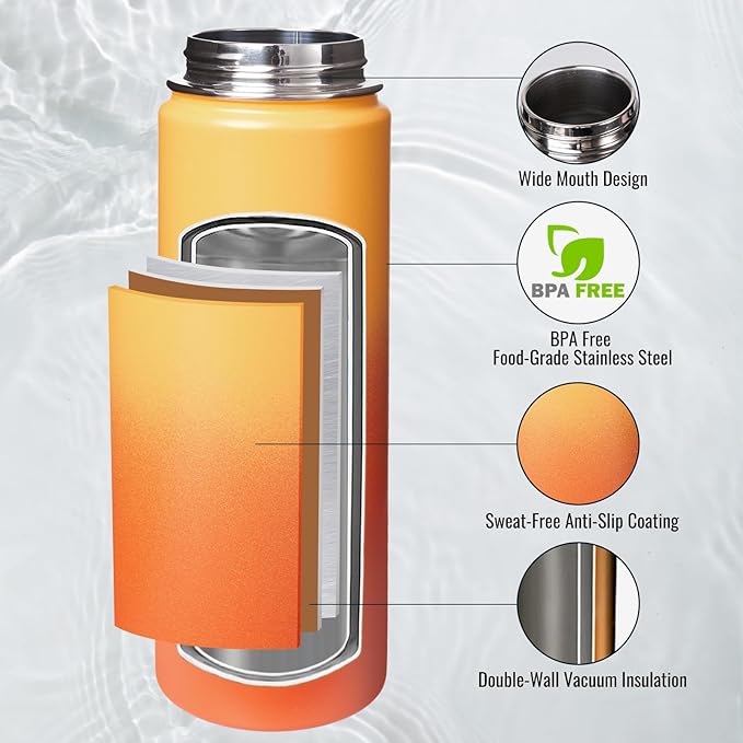 Fijinhom 24 oz Insulated Water Bottle with Handle, 304 Stainless Steel Water Bottles with Wide Mouth, Double Wall Vacuum Sports Water Bottle, BPA Free, Keep Cold and Hot, Yellow&Orange