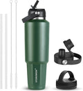 HYDROWION 40 oz Insulated Water Bottle, Car Water Bottle Holder - Double Wall Vacuum Insulated Travel Bottle with Straw Lid, Spout Lid and Flex Cap - Cold for 24H, Hot for 12H, Olive