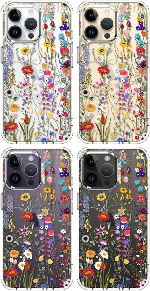 MOSNOVO Case for iPhone 14 Pro Max, [Buffertech 6.6ft Military-Grade Drop Protection] [Anti Peel Off Tech] Clear TPU Bumper Phone Case Cover Design - Wildflower Meadow