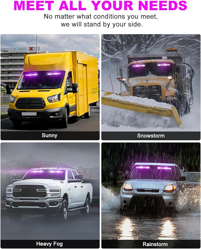 HLauto 6Z4J Emergency Dash Strobe Lights: 2x16.8 inch Purple White Safety Lights, 48 LED Flashing Warning Hazard Interior Windshield Visor Traffic Light Bar for Trucks, Construction Vehicles