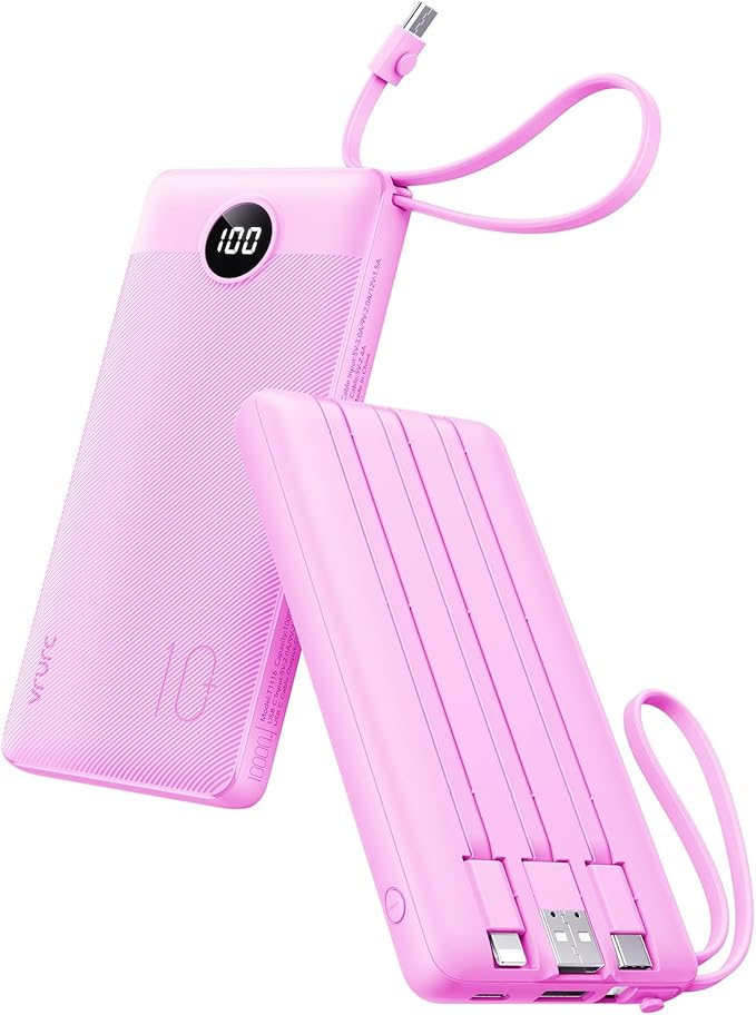 VRURC Portable Charger 10000mAh, Travel Essentials Battery Pack, 5 Output 2 Input Power Bank, Built-in Micro & USB C Cables Phone Charger for iPhone 17 Pro 17 16 15 14 13,Android-Purple(1 Pack)