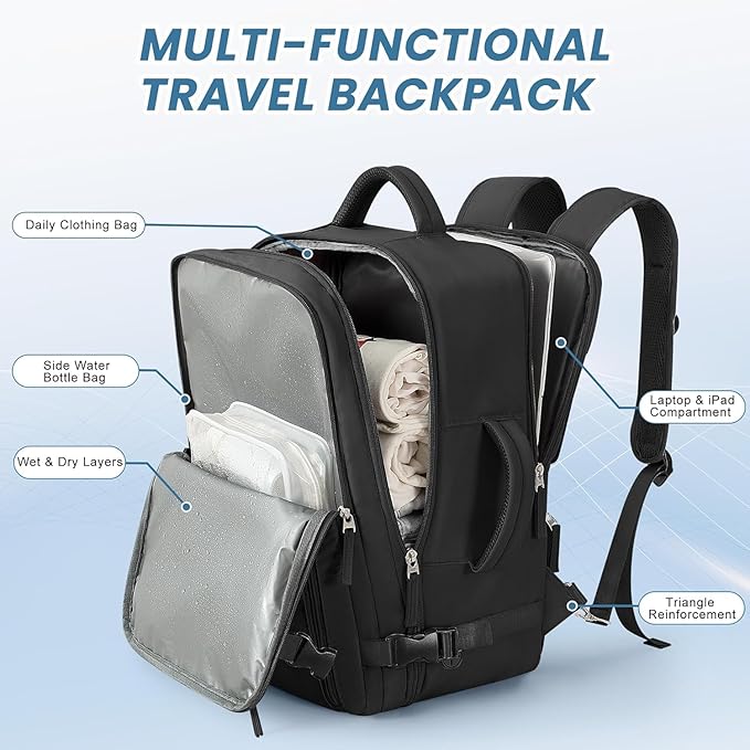 Sinaliy Large Travel Backpack for Women Men, Expandable 40L Carry On Backpack, 17 Inch Laptop Backpack College Bookbag, Waterproof Travel bag as Person Item Flight Approved