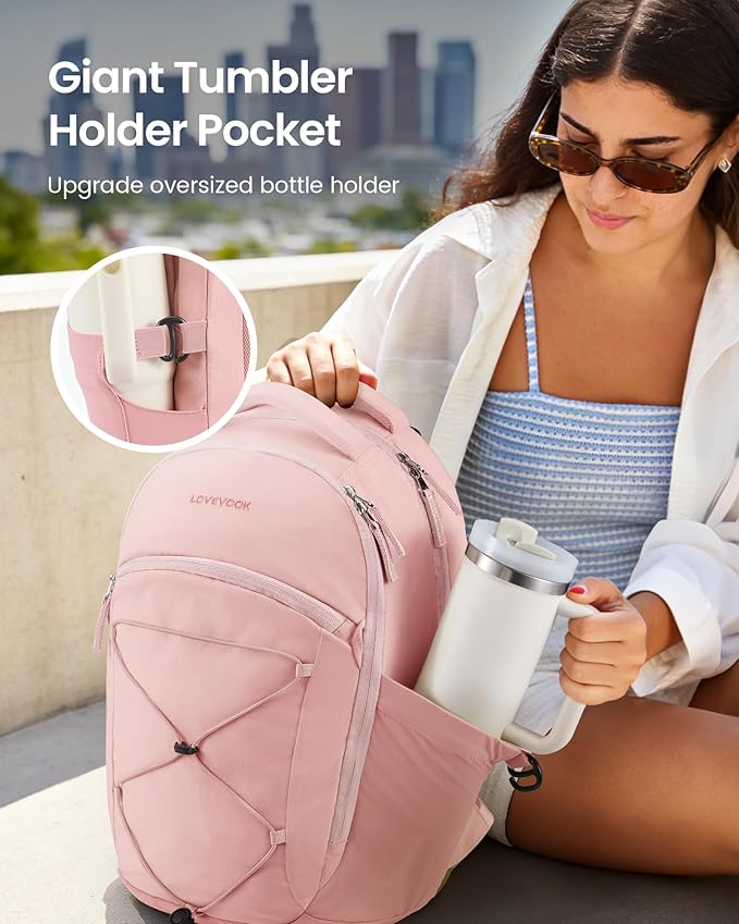 LOVEVOOK Everyday Laptop Backpack for Women Men With Giant Tumbler Holder,17 Inch Classic Travel Work College Teacher Carry on Backpack Purse,Waterproof Computer laptop Bag Hiking Backpack,Light Pink