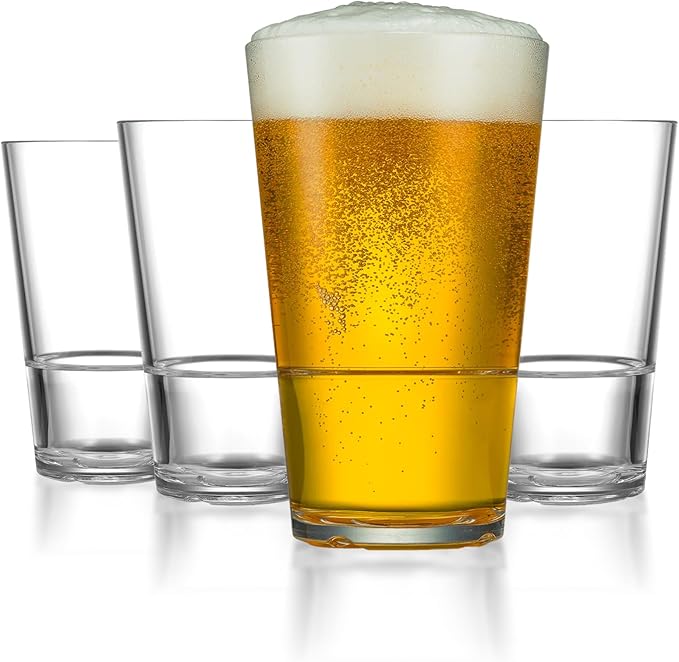 Drinique Unbreakable 22 Oz Beer Glass - Set of 4, Made in USA Tritan Plastic Shatterproof 22 Oz Tumbler Drinking Glasses, Stackable Barware, BPA-Free, Dishwasher Safe Drinkware, Clear