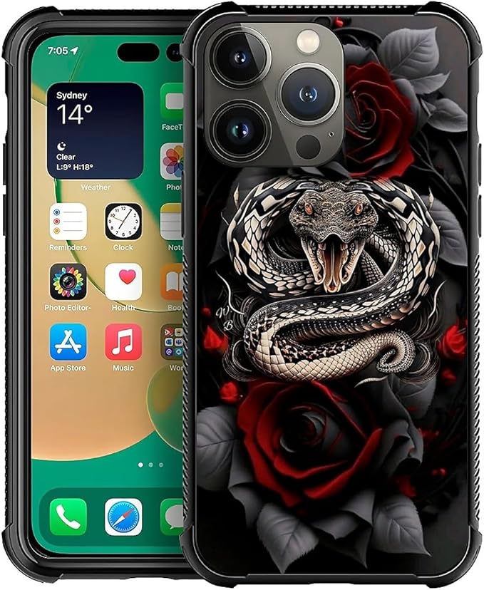 for iPhone 12 Pro Max Case, Entwined Rose Snake Pattern Graphic Design Girl Boy Soft Silicone Hard Acrylic Shock Protection for iPhone 12 Pro Max