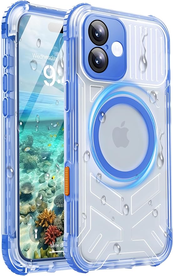 for iPhone 16 Waterproof Case with Magsafe, Built-in [Camera & Screen Protector] [Lanyard], IP68 Water Proof Full Body Dustproof Heavy Duty Frosted Protective Phone Cover, 6.1" Blue