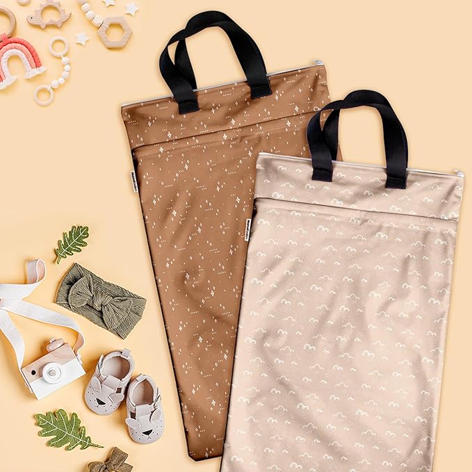 Mama Koala Reusable Hanging Wet Dry Bags for Baby Items, Cloth Diapers, Swimsuits, Travel, Gym Clothes, Beach, Pump Parts, Toiletries, Two Zippered Pockets, 2 Pack (W004L)