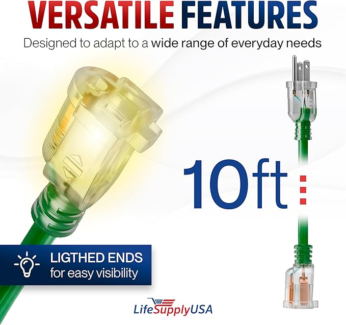 10ft Outdoor/Indoor Extension Cord 16/3 Gauge Heavy Duty 3 Prong SJTW, Waterproof, Flexible Cold-Resistant Long Power Cord,13A 125V 1625W, Green by LifeSupplyUSA