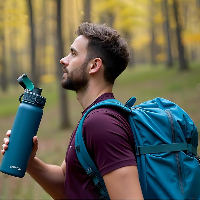 GOPPUS Insulated water bottle 20 oz Stainless Steel Water Bottle BPA-Free Sports Water Bottles, Great for Travel,Silicone Spout Lid- Leak & Sweat Proof with Anti-Dust(blue green)