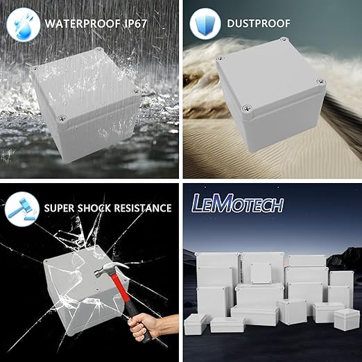 LeMotech Junction Box IP67 Waterproof Dustproof ABS Plastic Project Box for Electrical Outdoor Enclosure Gray 4.9 x 4.9 x 3.9 inch (125 x 125 x 100 mm)