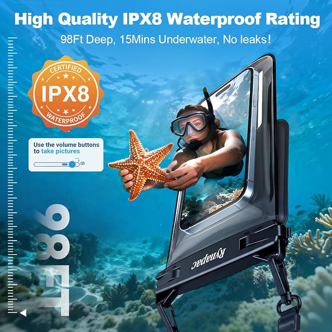 Rynapac IPX8 Waterproof Phone Pouch Floating, [Up to 8.5''] Double Space Waterproof Phone Case with Adjustable Lanyard for iPhone 17 16 15 Pro Max, Cell Phone Dry Bag for Beach Cruise Ship Essentials