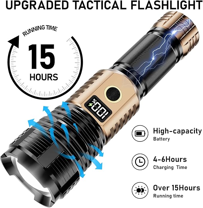 Flashlights High Lumens Rechargeable, 100,000LM LED Super Bright Flash Light, Zoomable Linternas with LCD Digital Display, 5 Mode, Waterproof, Powerful Tactical Flashlight for Emergencies Camping Gift