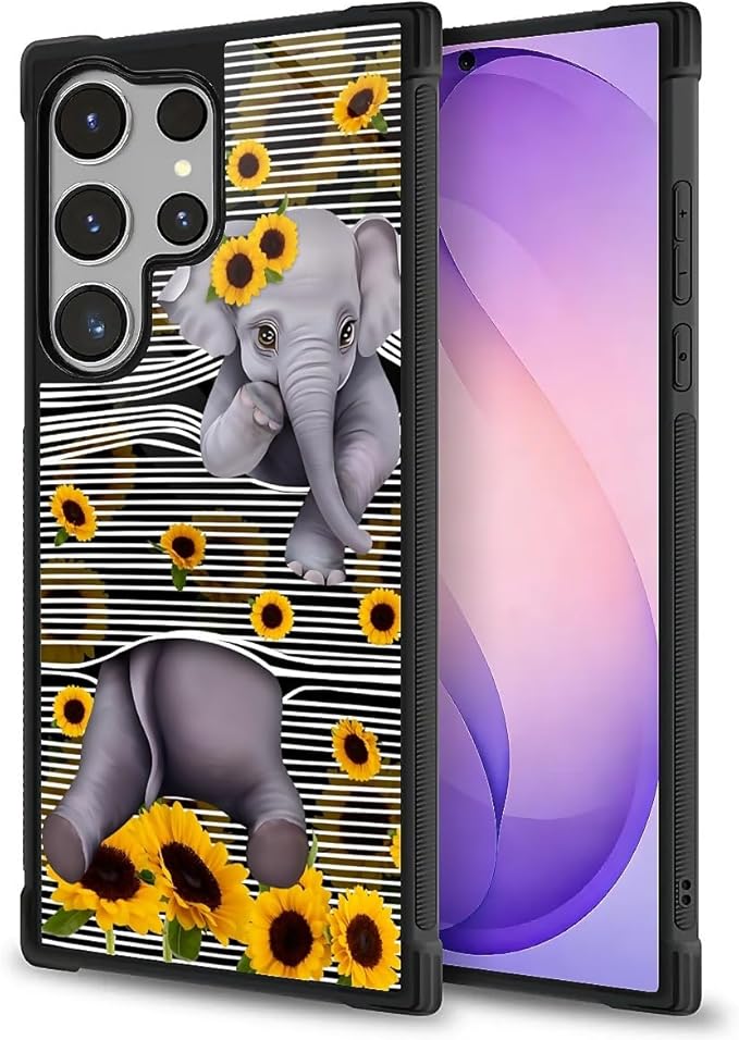 for Samsung Galaxy S26 Ultra Case,Graphic Design for Girl Boy Soft Silicone Hard Acrylic Shock Protection Designed Cute Little Elephant Sunflower White Line Art Pattern
