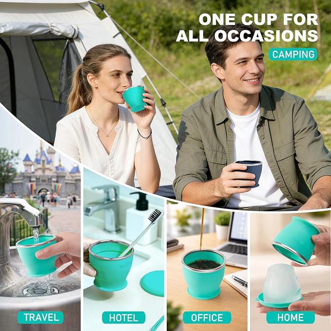 Collapsible Travel Cup, BPA-Free Reusable Water Cup, Lightweight Drinking Cups with Lids and Carrying Strap, Dishwasher Safe Silicone Cups for Camping, Travel, Airports, Hotel (Turquoise)