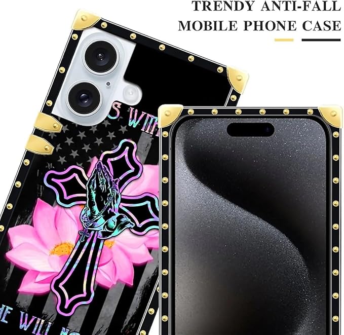 Compatible with iPhone 16 Case, Praying Cross Hands Luxury Golden Decoration for Girl Women Soft TPU Shockproof Protective Hard PC Back for iPhone 16