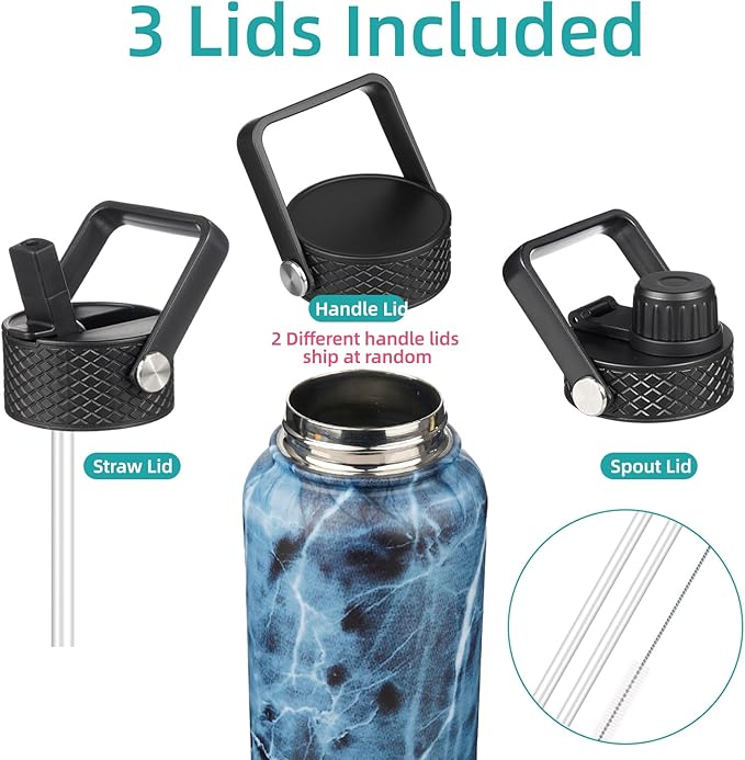 Konokyo 18 oz Insulated Water Bottle Stainless Steel Sport Bottles with 3 Lids,Marble Ocean