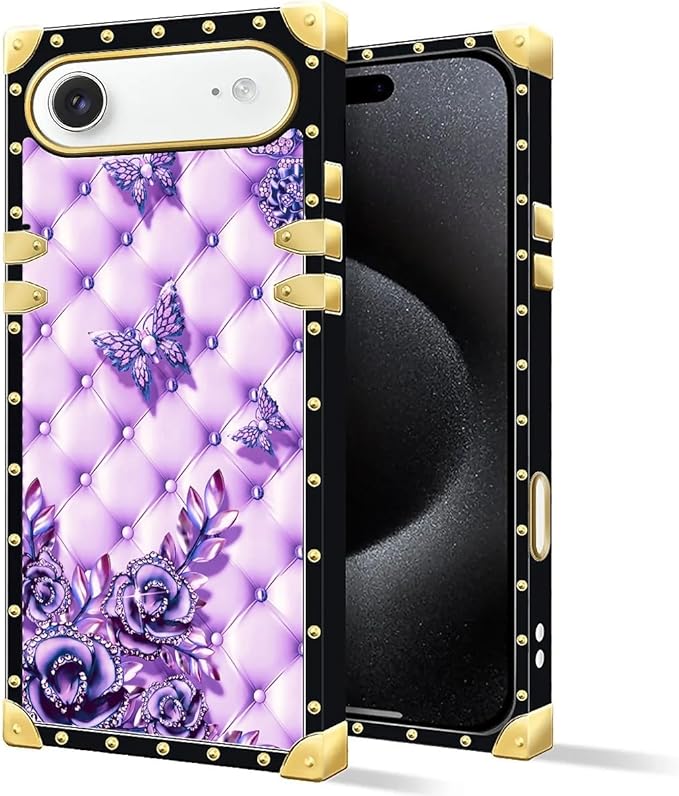 for iPhone 17 Air Case Luxury Golden Decoration for Girl Women Soft TPU Shockproof Protective Hard PC Back for iPhone 17 Air Crazy Pattern Purple Butterfly Flowers Leaf