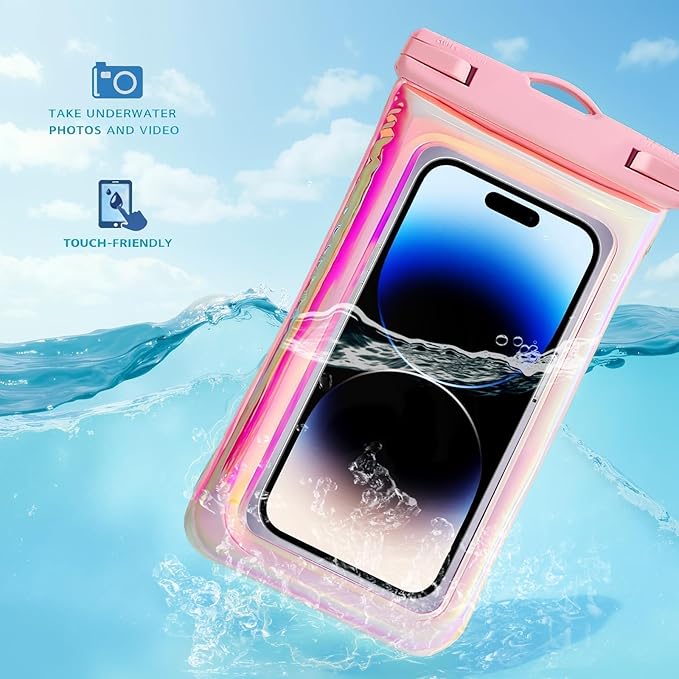 Floatable Waterproof Phone Pouch Case 2 pax for iPhone 17 16 Pro Max/15/14/13/12, IP68 Travel Cellphone Dry Bag Beach Cruise Ship Essentials Bags with Crossbody Lanyard, Iridescent Pink and Blue-7″