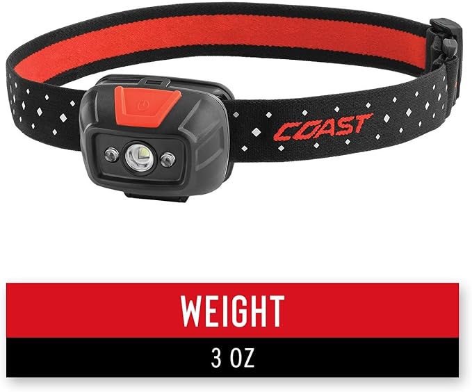 Coast® FL19 365 Lumen Dual Color (White & Red) LED Headlamp, Batteries & Hard Hat Clips Included, Black