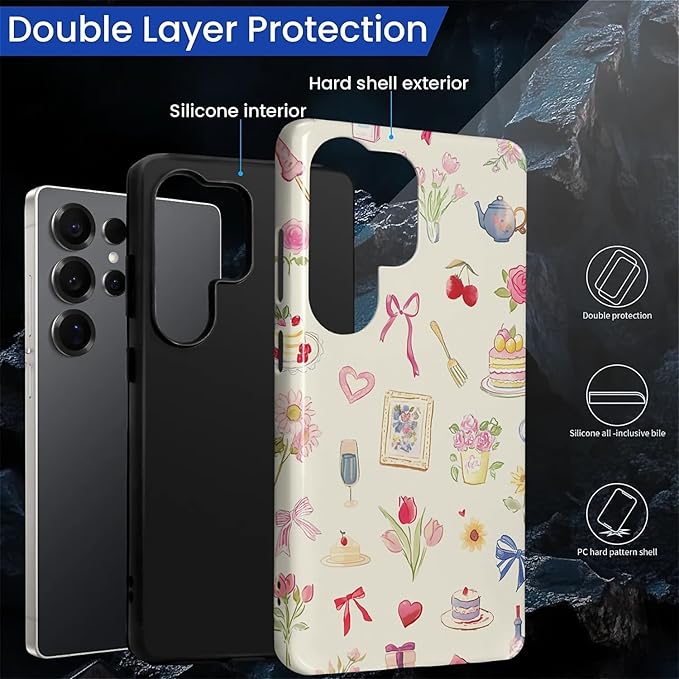 for Samsung Galaxy S25 Ultra Case,HL2 Aesthetic Bow Preppy Collage Hybrid 2 Layer Hard Shell Silicone Protective Pattern Design Case