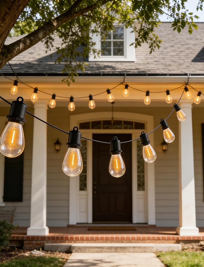 25FT LED Outdoor String Lights - 12+1 Shatterproof Vintage Edison Bulbs | IP44 Weatherproof | Plug in Cafe Patio Lights for Balcony, Porch, Deck & Cozy Bistro Ambiance (2700K Warm White)