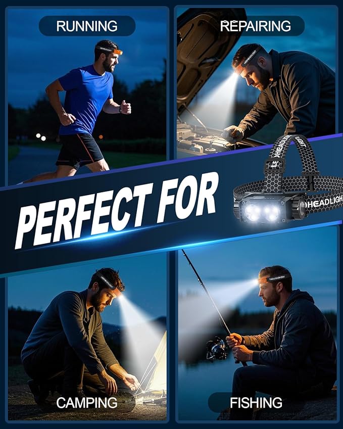 Headlamp Rechargeable 2PCS,4500L Super Bright Light Bright LED Rechargeable Headlight with White Light, Waterproof Head Lamp with Headband for Outdoor Camping, Hiking,Camping Essentials,Working
