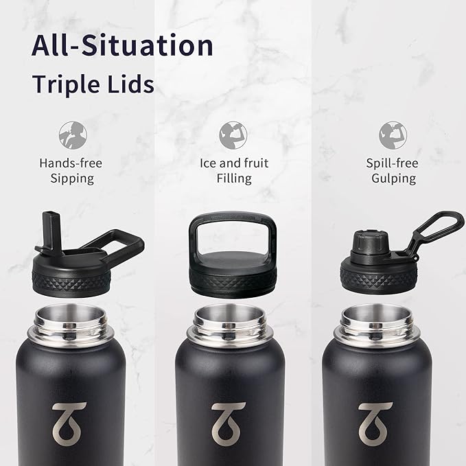 Trebo 40oz Water Bottle Insulated with Lid and Straw,Triple Wall Vacuum Stainless Steel Metal Tumbler Sports Flask with Paracord Handle, Keep Hot 24 Hours & Cold 48 Hours Water Jug with 3 Lids, Black