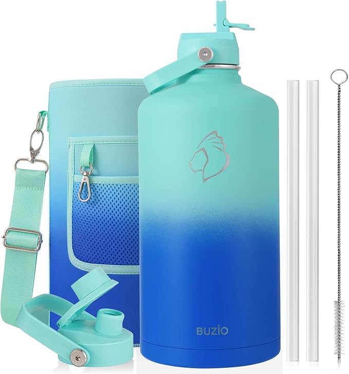 BUZIO 1 Gallon Water Jug with Straw Lid, 128oz Water Bottle Stainless Steel Triple Wall Hydro Jug 18/8 Food Grade Thermo Mug Keep Cold 48H & Hot 24H, Caribbean Blue