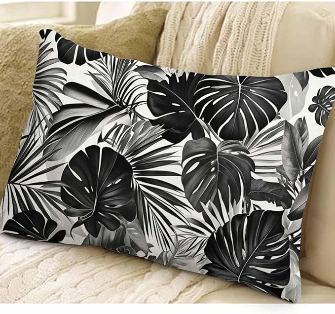 EKOBLA Palm Leaf Decorative Lumber Cushion Case Tropical Jungle Leaf Hand Drown Plant Cotton Linen Square Throw Waist Pillow Case Decorative Cushion Cover Pillowcase Sofa Lumbar 12x20 Inches