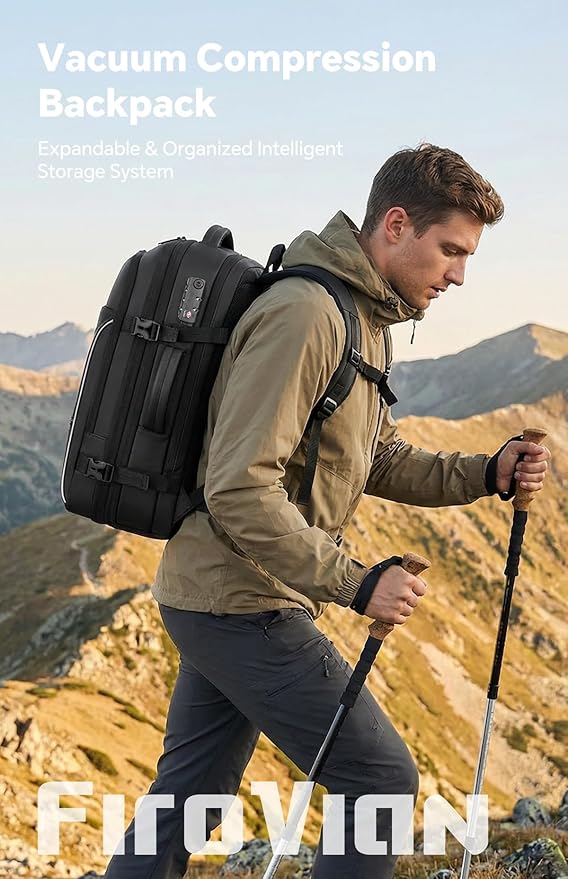 Vacuum Backpack Travel, 70L Expandable Carry On Backpack With Compression System, 2 Detachable TPU Vacuum Bags, TSA Lock, Water-Resistant, Fits 16" Laptop for Business & Travel
