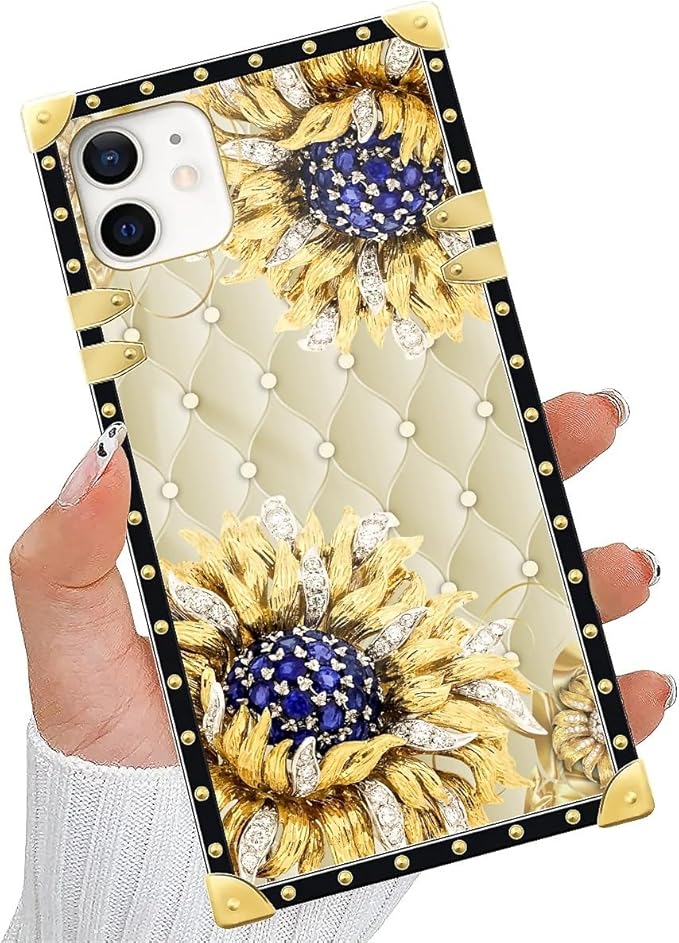 Compatible with iPhone 11 Case, Sunflower Diamonds Leather Luxury Golden Decoration for Girl Women Soft TPU Shockproof Protective Hard PC Back for iPhone 11
