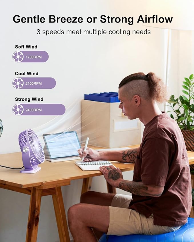 TriPole Desk Fan USB Powered Mini Portable Fan 3 Speeds Strong Airflow Small USB Fans 360°Rotation Personal Travel Fan 5.1 Inch for Home Office Table Bedroom Bedside Desktop, Purple, 4.9ft Cable