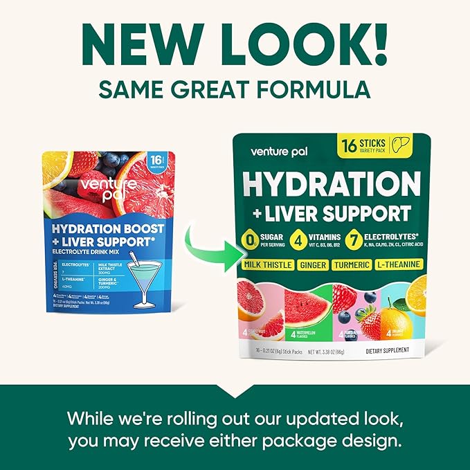Venture Pal Hydration Packets + Liver Support- Liquid Daily IV Electrolyte Powder Packets with 7 Electrolytes & 5 Vitamins, Milk Thistle + L-Theanine | Sugar-Free | Keto Friendly | Vegan, 16 Sticks