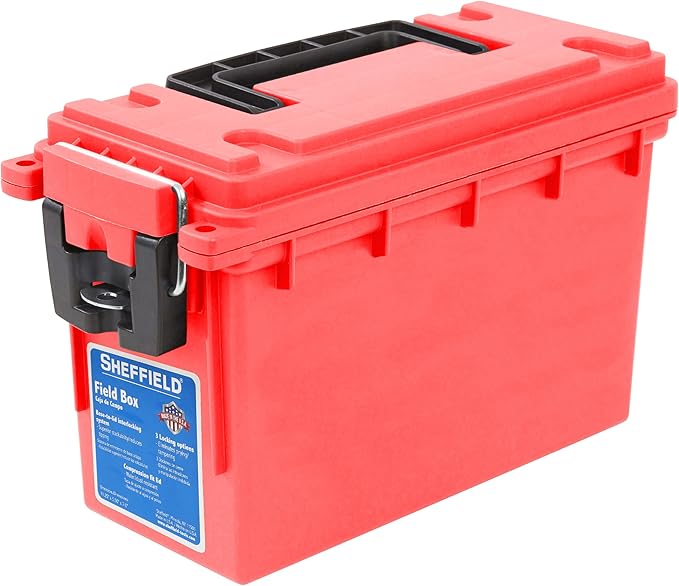 Sheffield 12636 Ammo Storage Box, Stackable .30 Cal Field Boxes, Water and Dust Resistant, Lockable Storage Box with Handle, Secures Hunting Gear, Supplies, and Bullets, Made in USA, Red, (Pack of 6)