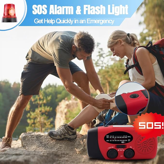 Emergency Hand Crank Weather Radio, AM/FM NOAA Portable Solar Radio with 2000mAh Battery Phone Charger, SOS Alarm & Survival Flashlight for Indoor/Outdoor, Emergency, Hurricane (Red)