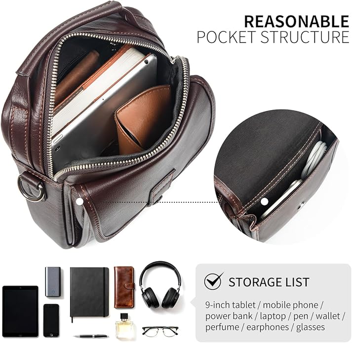 Augus Leather Small Messenger Bag For Men Crossbody Handbag Shoulder Sling Travel Bags for Men Purse Daypack Magnetic Buckle