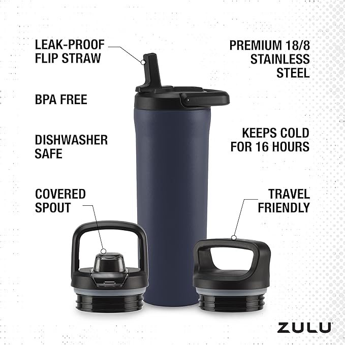 ZULU Base 18oz Kids Stainless Steel Water Bottle with 3 Lids- Straw, Chug, Twist | Double Walled and Vacuum Insulated Metal Thermos | Fits Car Cupholder, Built in Carry Loop, Dishwasher Safe, Navy