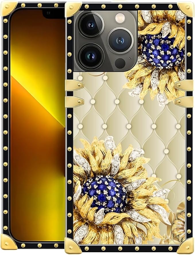 Compatible with iPhone 13 Pro Case, Sunflower Diamonds Leather Luxury Golden Decoration for Girl Women Soft TPU Shockproof Protective Hard PC Back for iPhone 13 Pro